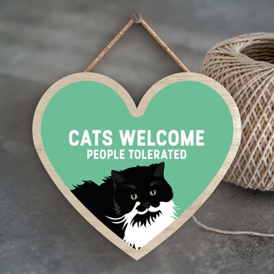 P6029 - Black & White Cats Welcome People Tolerated Katie Pearson Artworks Heart Shaped Wooden Hanging Plaque