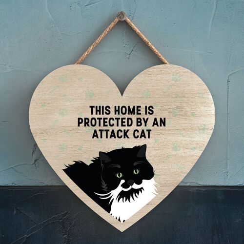 P6030 - Black & White Cat Home Protected Attack Cat Katie Pearson Artworks Heart Shaped Wooden Hanging Plaque