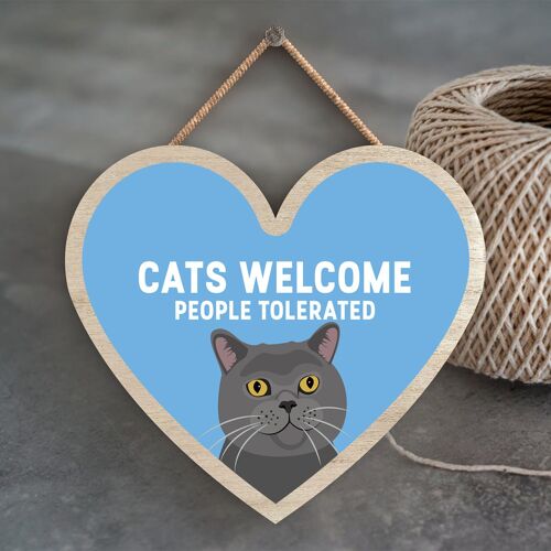 P6031 - Grey Cats Welcome People Tolerated Katie Pearson Artworks Heart Shaped Wooden Hanging Plaque