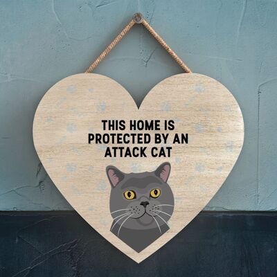 P6032 - Grey Cat Home Protected Attack Cat Katie Pearson Artworks Heart Shaped Wooden Hanging Plaque