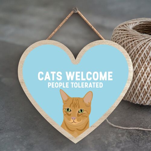 P6033 - Ginger Tabby Cats Welcome People Tolerated Katie Pearson Artworks Heart Shaped Wooden Hanging Plaque