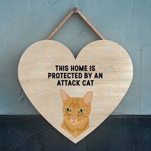 P6034 - Ginger Tabby Cat Home Protected Attack Cat Katie Pearson Artworks Heart Shaped Wooden Hanging Plaque