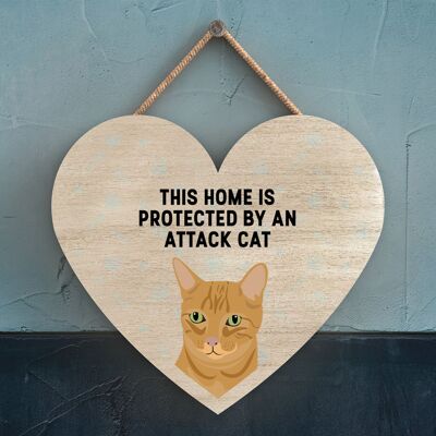 P6034 - Ginger Tabby Cat Home Protected Attack Cat Katie Pearson Artworks Placa colgante de madera en forma de corazón