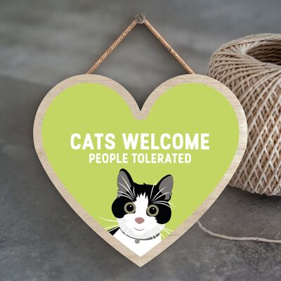P6035 - Black & White Cats Welcome People Tolerated Katie Pearson Artworks Heart Shaped Wooden Hanging Plaque