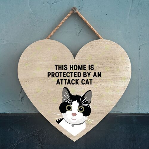 P6036 - Black & White Cat Home Protected Attack Cat Katie Pearson Artworks Heart Shaped Wooden Hanging Plaque