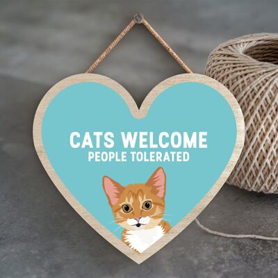 P6037 - Ginger Tabby Kitten Cats Welcome People Tolerated Katie Pearson Artworks Heart Shaped Wooden Hanging Plaque