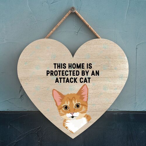 P6038 - Ginger Tabby Kitten Cat Home Protected Attack Cat Katie Pearson Artworks Heart Shaped Wooden Hanging Plaque