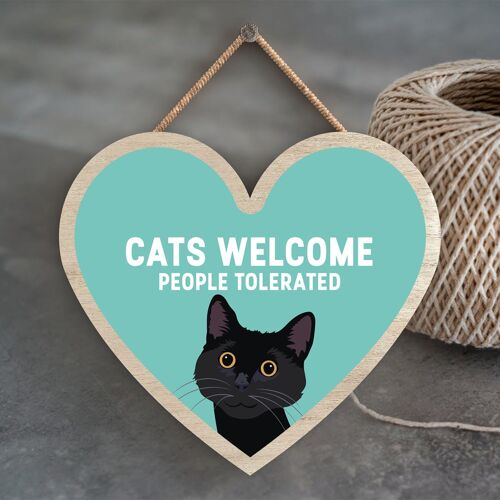 P6039 - Black Cats Welcome People Tolerated Katie Pearson Artworks Heart Shaped Wooden Hanging Plaque