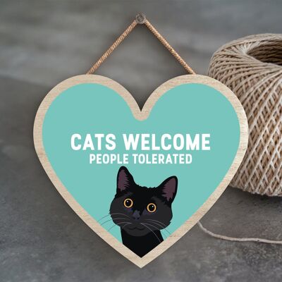 P6039 – Black Cats Welcome People Tolerated Katie Pearson Artworks Herzförmiges Holzschild zum Aufhängen