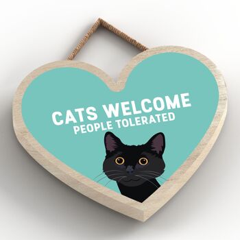 P6039 - Black Cats Welcome People Tolerated Katie Pearson Artworks Plaque à suspendre en bois en forme de cœur 2