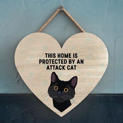 P6040 - Black Cat Home Protected Attack Cat Katie Pearson Artworks Heart Shaped Wooden Hanging Plaque