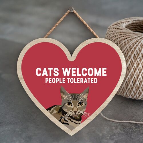 P6041 - Tabby Cats Welcome People Tolerated Katie Pearson Artworks Heart Shaped Wooden Hanging Plaque