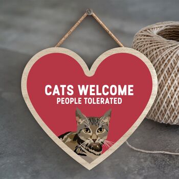 P6041 - Tabby Cats Welcome People Tolerated Katie Pearson Artworks Plaque à suspendre en bois en forme de cœur