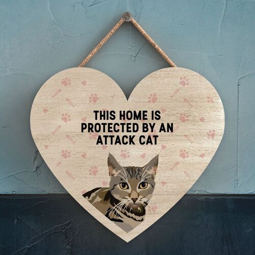 P6042 - Tabby Cat Home Protected Attack Cat Katie Pearson Artworks Heart Shaped Wooden Hanging Plaque