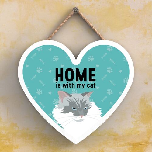 P6043 - White Cat Home Is With My Cat Katie Pearson Artworks Heart Shaped Wooden Hanging Plaque