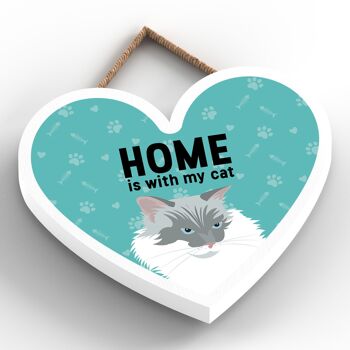 P6043 - White Cat Home Is With My Cat Katie Pearson Artworks Plaque à suspendre en bois en forme de cœur 2