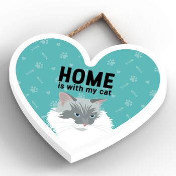 P6043 - White Cat Home Is With My Cat Katie Pearson Artworks Plaque à suspendre en bois en forme de cœur 4