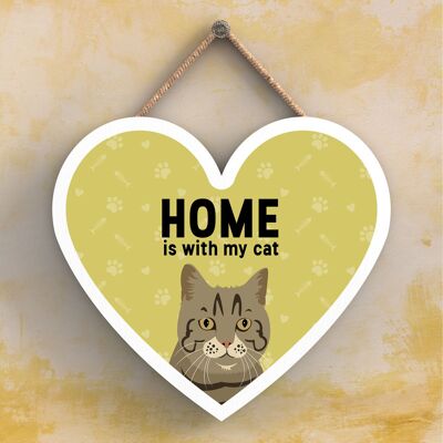 P6044 - Tabby Cat Home Is With My Cat Katie Pearson Artworks Heart Shaped Wooden Hanging Plaque