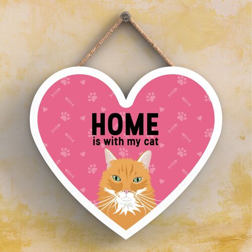 P6045 - Ginger Cat Home Is With My Cat Katie Pearson Artworks Heart Shaped Wooden Hanging Plaque