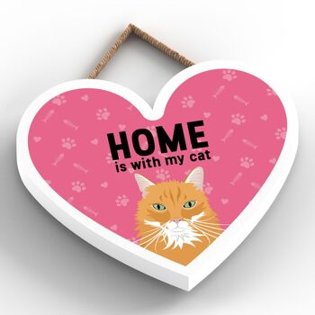 P6045 - Ginger Cat Home Is With My Cat Katie Pearson Artworks Plaque à suspendre en bois en forme de cœur 2