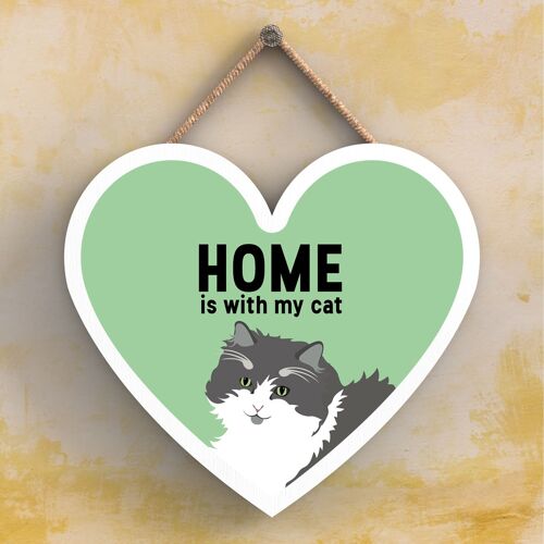 P6046 - Grey & White Cat Home Is With My Cat Katie Pearson Artworks Heart Shaped Wooden Hanging Plaque