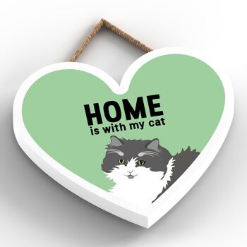 P6046 - Chat gris et blanc La maison est avec mon chat Katie Pearson Artworks Plaque à suspendre en bois en forme de cœur 2