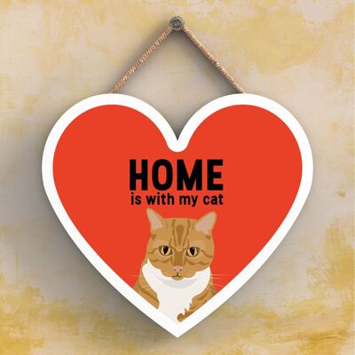 P6047 - Ginger Tabby Cat Home Is With My Cat Katie Pearson Artworks Placa colgante de madera en forma de corazón