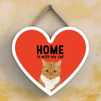 P6047 - Ginger Tabby Cat Home Is With My Cat Katie Pearson Artworks Plaque à suspendre en bois en forme de cœur 1