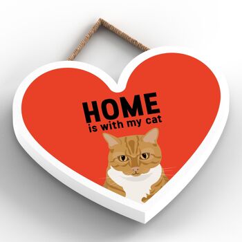 P6047 - Ginger Tabby Cat Home Is With My Cat Katie Pearson Artworks Plaque à suspendre en bois en forme de cœur 2