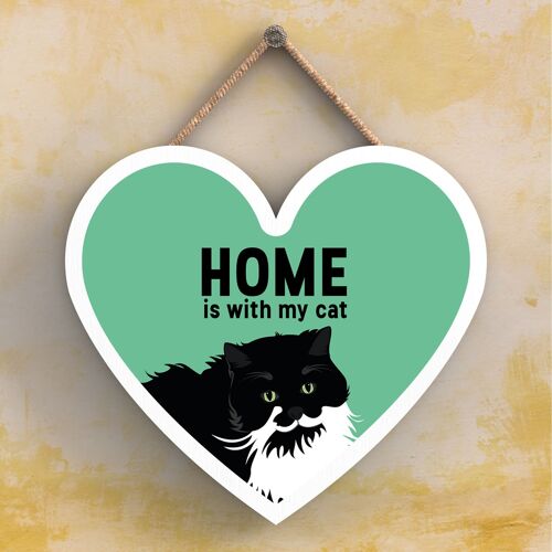 P6048 - Black & White Cat Home Is With My Cat Katie Pearson Artworks Heart Shaped Wooden Hanging Plaque