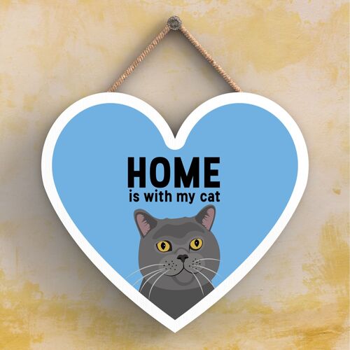 P6049 - Grey Cat Home Is With My Cat Katie Pearson Artworks Heart Shaped Wooden Hanging Plaque