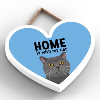 P6049 - Grey Cat Home Is With My Cat Katie Pearson Artworks Plaque à suspendre en bois en forme de cœur 2
