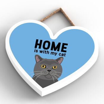 P6049 - Grey Cat Home Is With My Cat Katie Pearson Artworks Plaque à suspendre en bois en forme de cœur 4