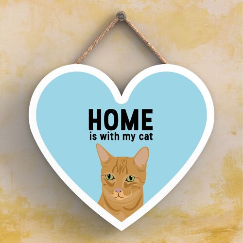 P6050 - Ginger Tabby Cat Home Is With My Cat Katie Pearson Artworks Heart Shaped Wooden Hanging Plaque