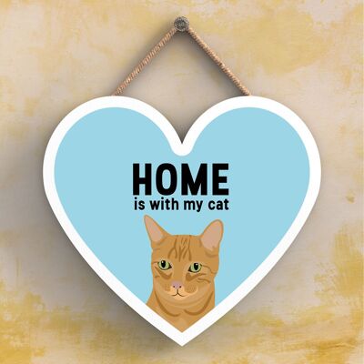 P6050 - Ginger Tabby Cat Home Is With My Cat Katie Pearson Artworks Placa colgante de madera en forma de corazón