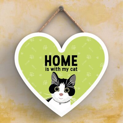 P6051 - Black & White Cat Home Is With My Cat Katie Pearson Artworks Heart Shaped Wooden Hanging Plaque