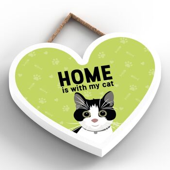P6051 - Black & White Cat Home Is With My Cat Katie Pearson Artworks Plaque à suspendre en bois en forme de cœur 2