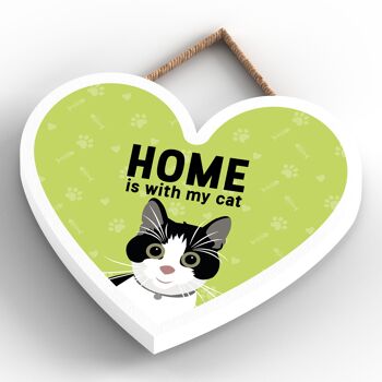 P6051 - Black & White Cat Home Is With My Cat Katie Pearson Artworks Plaque à suspendre en bois en forme de cœur 4