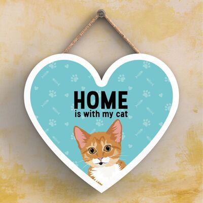 P6052 - Ginger Tabby Kitten Cat Home Is With My Cat Katie Pearson Artworks Heart Shaped Wooden Hanging Plaque
