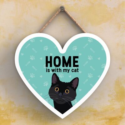 P6053 - Black Cat Home Is With My Cat Katie Pearson Artworks Heart Shaped Wooden Hanging Plaque