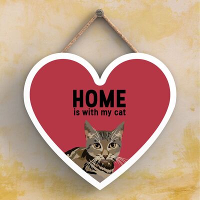 P6054 - Tabby Cat Home Is With My Cat Katie Pearson Artworks Heart Shaped Wooden Hanging Plaque