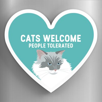 P6055 - White Cats Welcome People Tolerated Katie Pearson Artworks Heart Shaped Wooden Magnet
