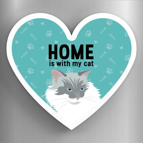 P6056 - White Cats Home With My Cat Katie Pearson Artworks Heart Shaped Wooden Magnet