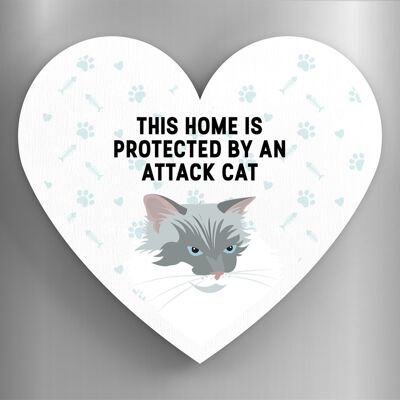 P6057 - White Cat Home Protected Attack Cat Katie Pearson Artworks Heart Shaped Wooden Magnet
