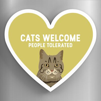 P6058 - Imán de madera en forma de corazón de Katie Pearson Artworks Welcome People Tolerated Cats Tabby