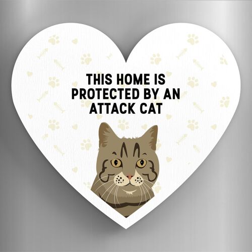P6060 - Tabby Cat Home Protected Attack Cat Katie Pearson Artworks Heart Shaped Wooden Magnet
