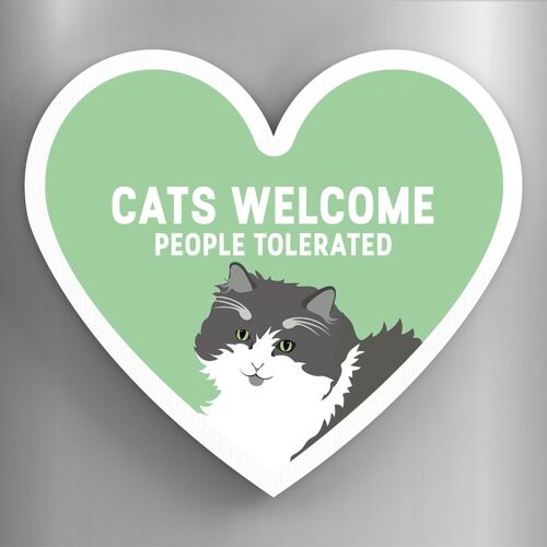 P6064 - Grey And White Cats Welcome People Tolerated Katie Pearson Artworks Heart Shaped Wooden Magnet