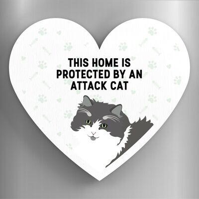 P6066 - Grey And White Cat Home Protected Attack Cat Katie Pearson Artworks Heart Shaped Wooden Magnet
