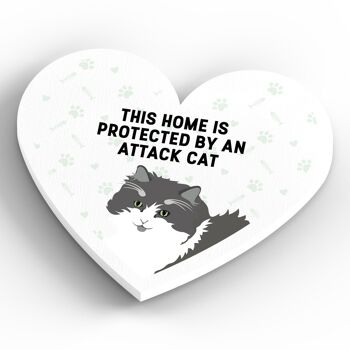 P6066 - Chat gris et blanc Home Protected Attack Cat Katie Pearson Artworks Aimant en bois en forme de coeur 4