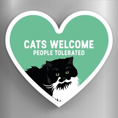 P6070 – Schwarz-weiße Katzen, Willkommen, Menschen toleriert, Katie Pearson Kunstwerke, herzförmiger Holzmagnet